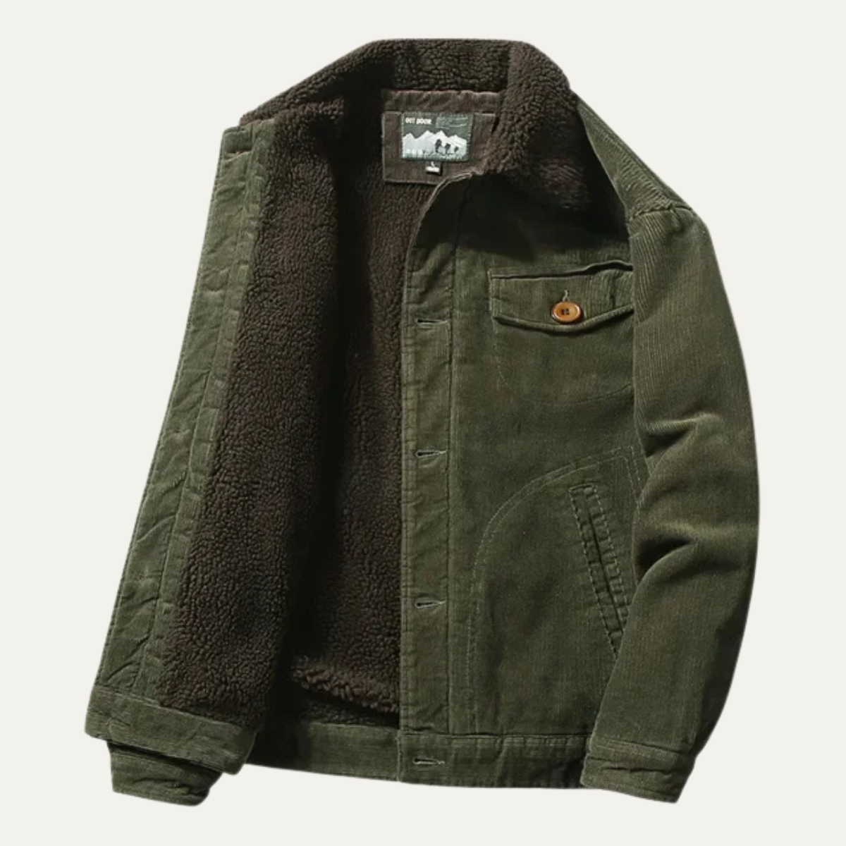 Men's olive green corduroy winter jacket with sherpa-lined collar and chest pocket