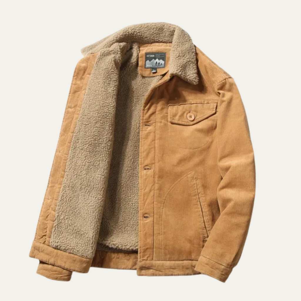 Men's tan corduroy winter jacket with sherpa lining, chest pocket, and button front