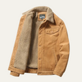 Men's tan corduroy winter jacket with sherpa lining, chest pocket, and button front