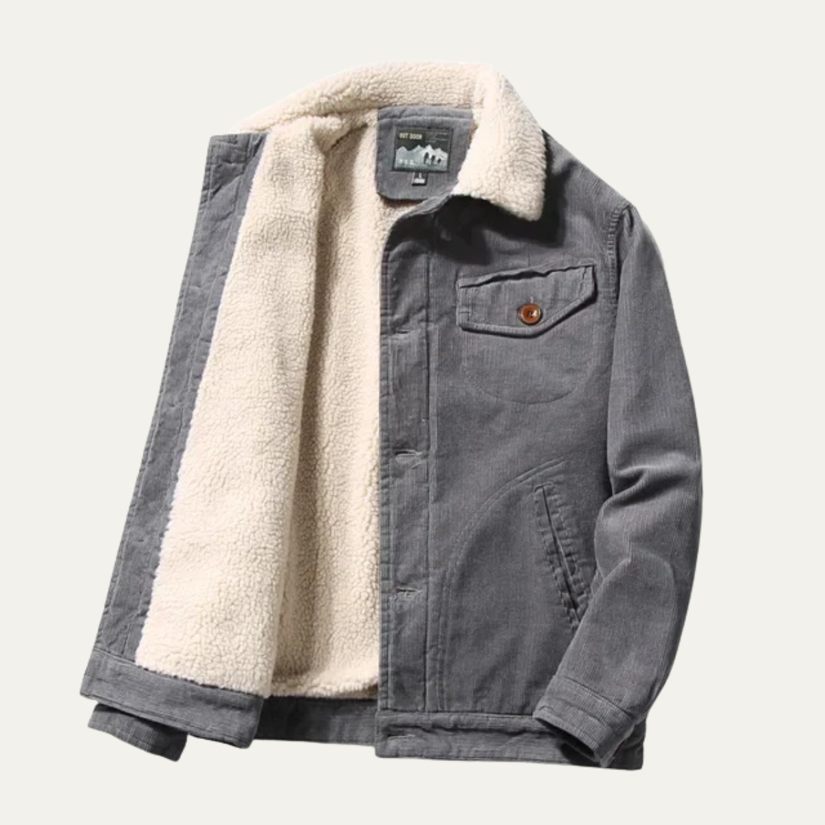 Men's gray corduroy winter jacket with sherpa lining and button chest pocket
