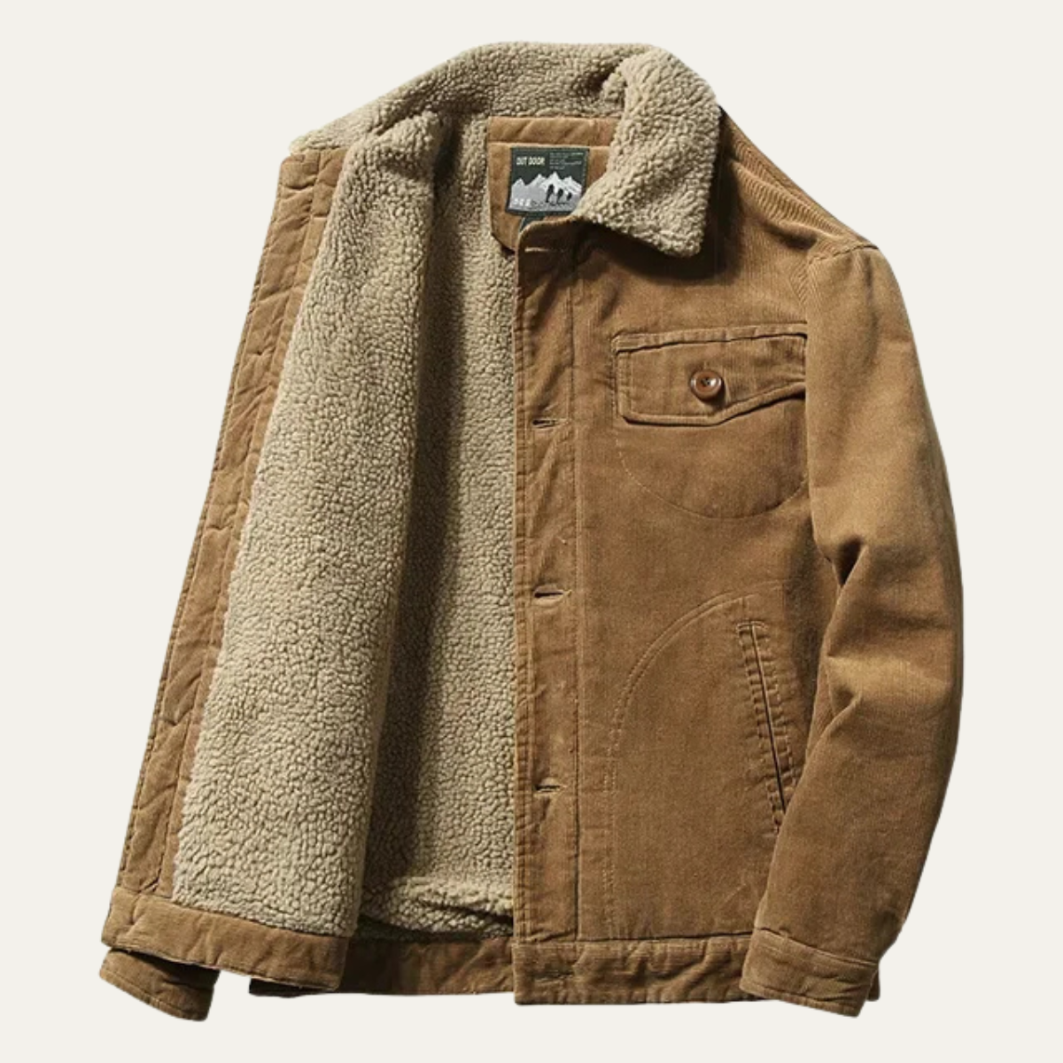 Men's khaki corduroy winter jacket with sherpa-lined collar and chest pocket