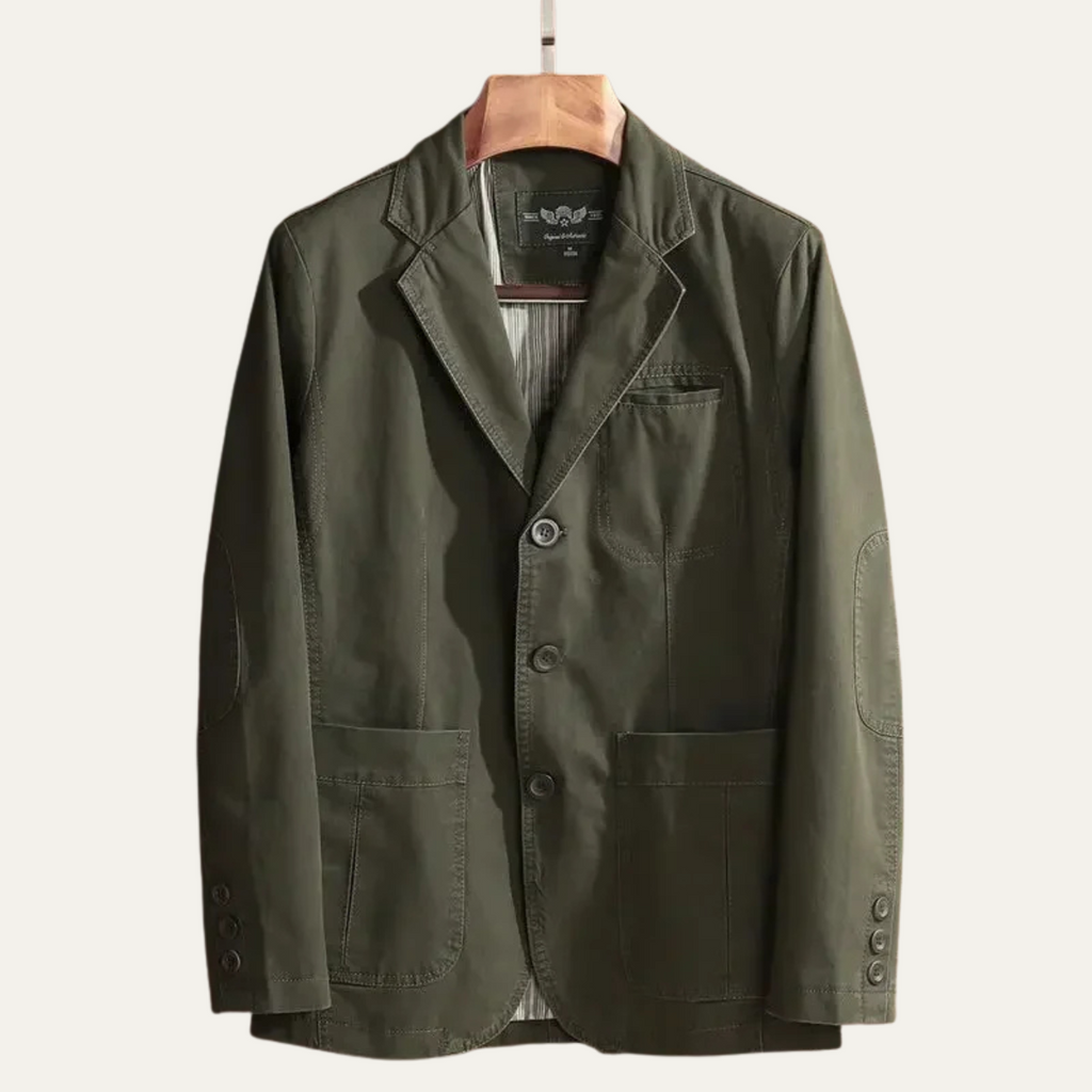Men's lightweight green blazer jacket with notch lapels, button front, and chest pocket