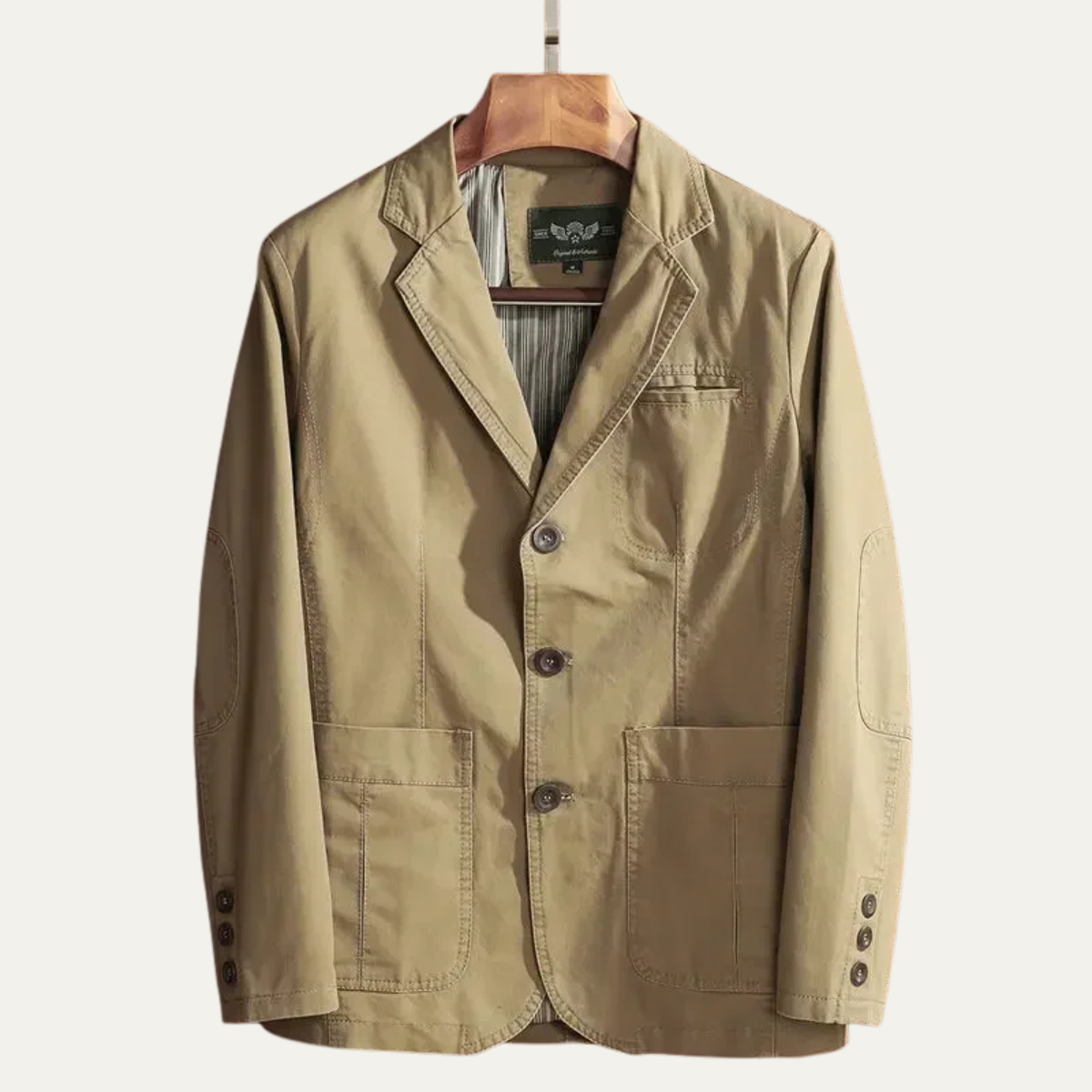Men's lightweight khaki blazer jacket with notch lapels, button front, and chest pockets