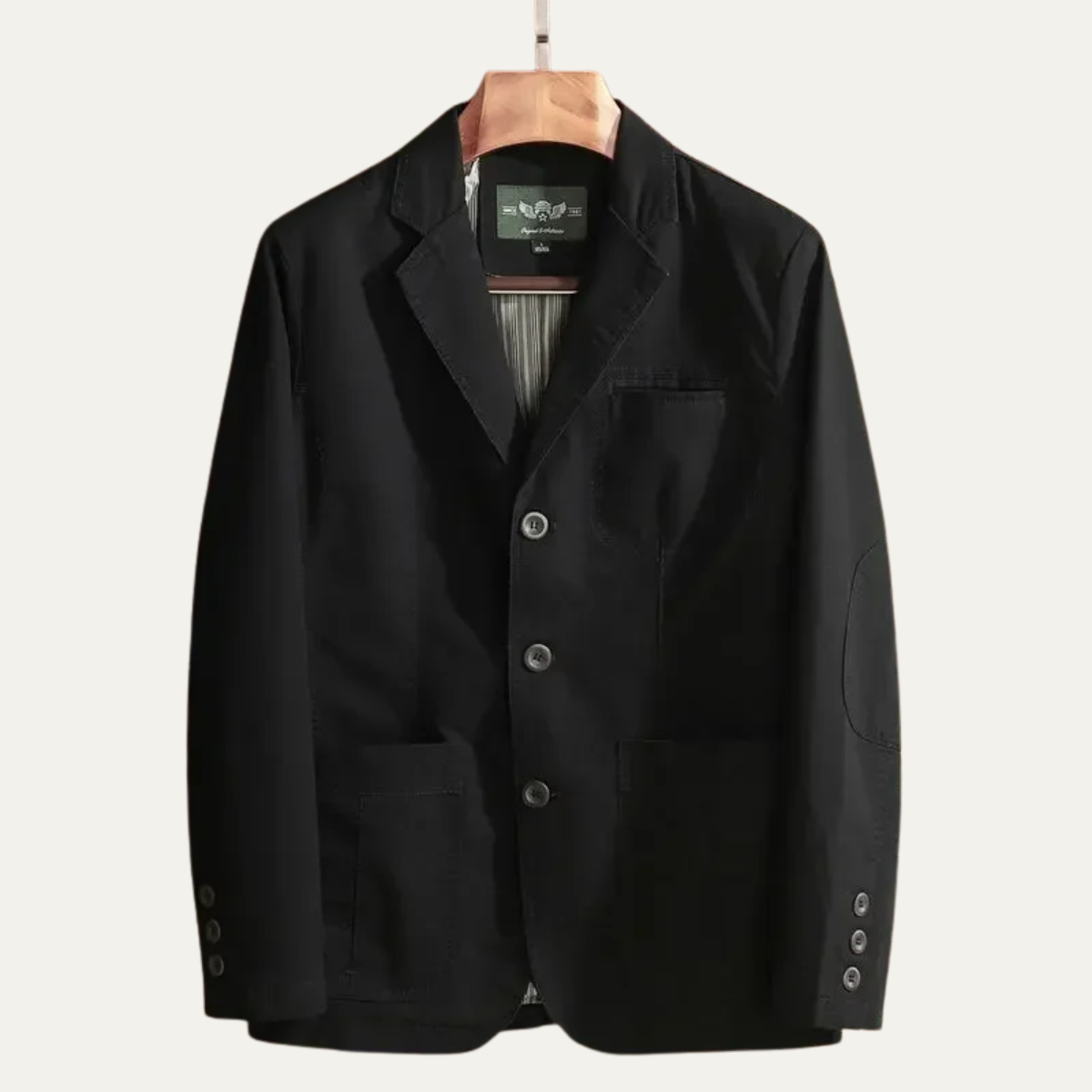 Men's black lightweight blazer jacket with button front and two front pockets