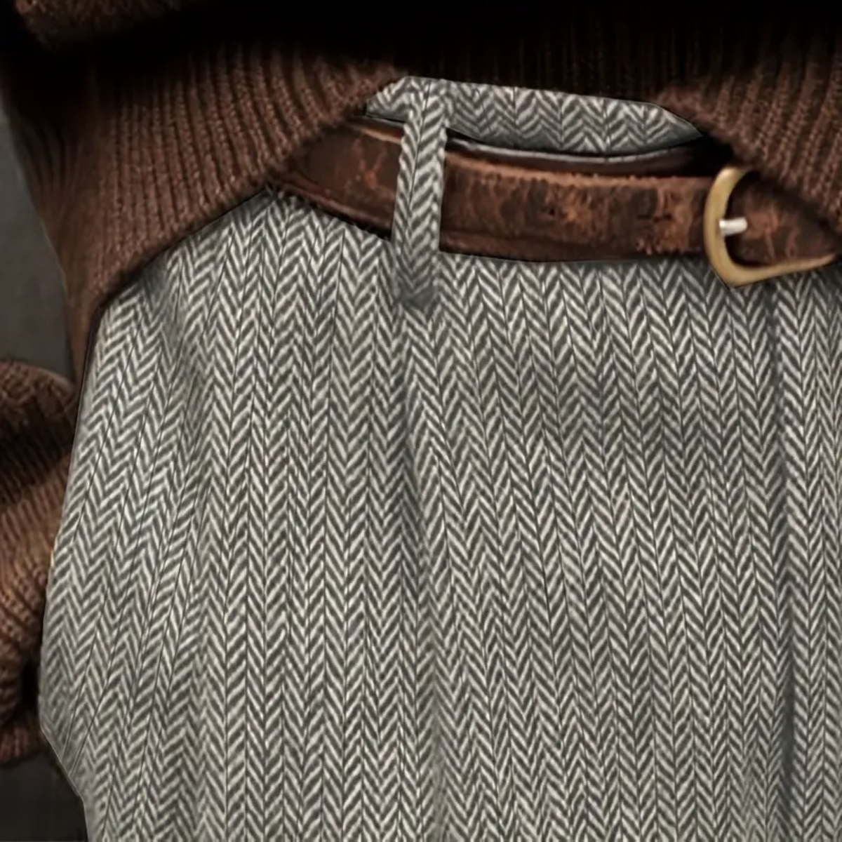 Men's high-waist pleated pants, herringbone waistband with button and fly