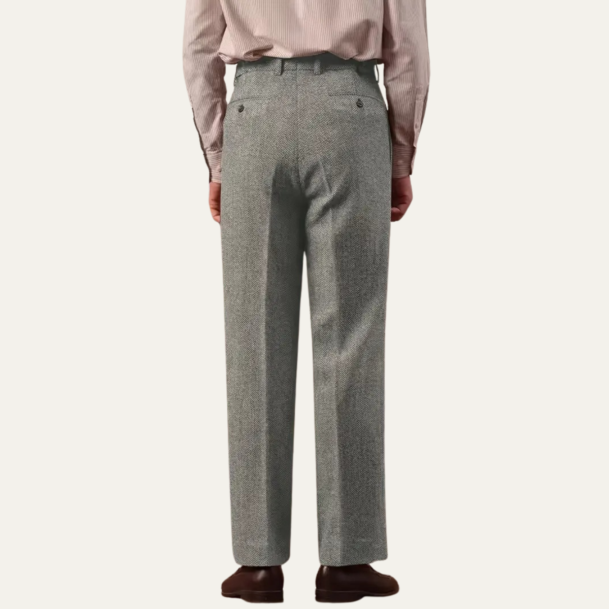 Men's high-waist pleated tailored pants, silver-gray back view with buttoned waist