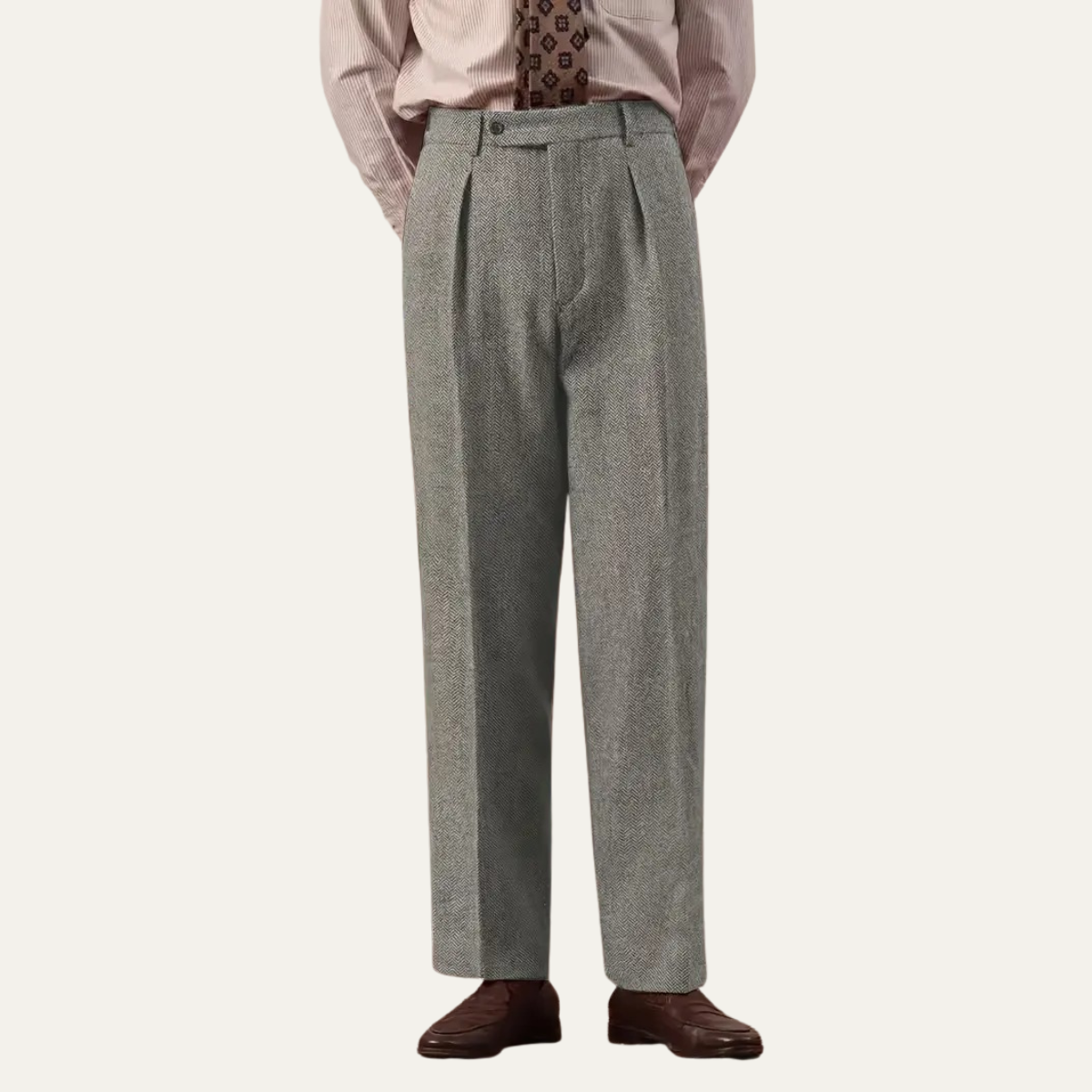 Men's high-waist pleated tailored pants, silver-gray with belt loops