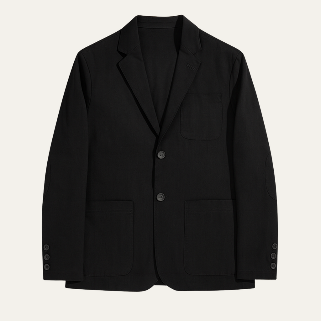 Men's lightweight black blazer jacket with notch lapels, front buttons, and chest pockets