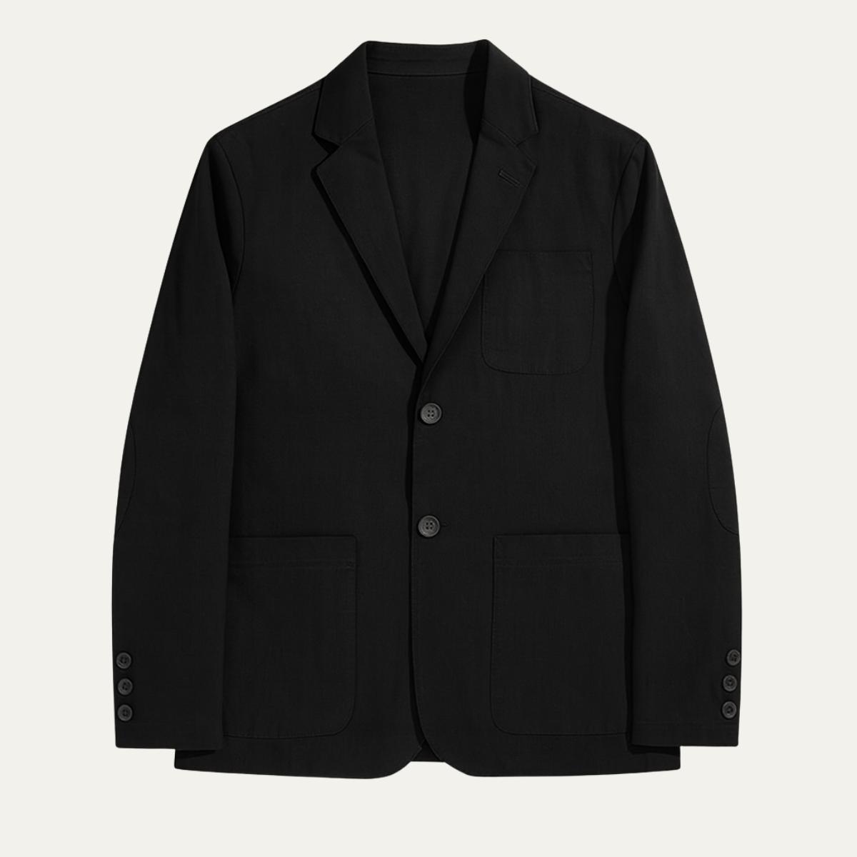 Men's lightweight black blazer jacket with notch lapels, front buttons, and chest pockets