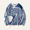Men's crewneck sweater in blue and cream jacquard knit with swirl stripe pattern