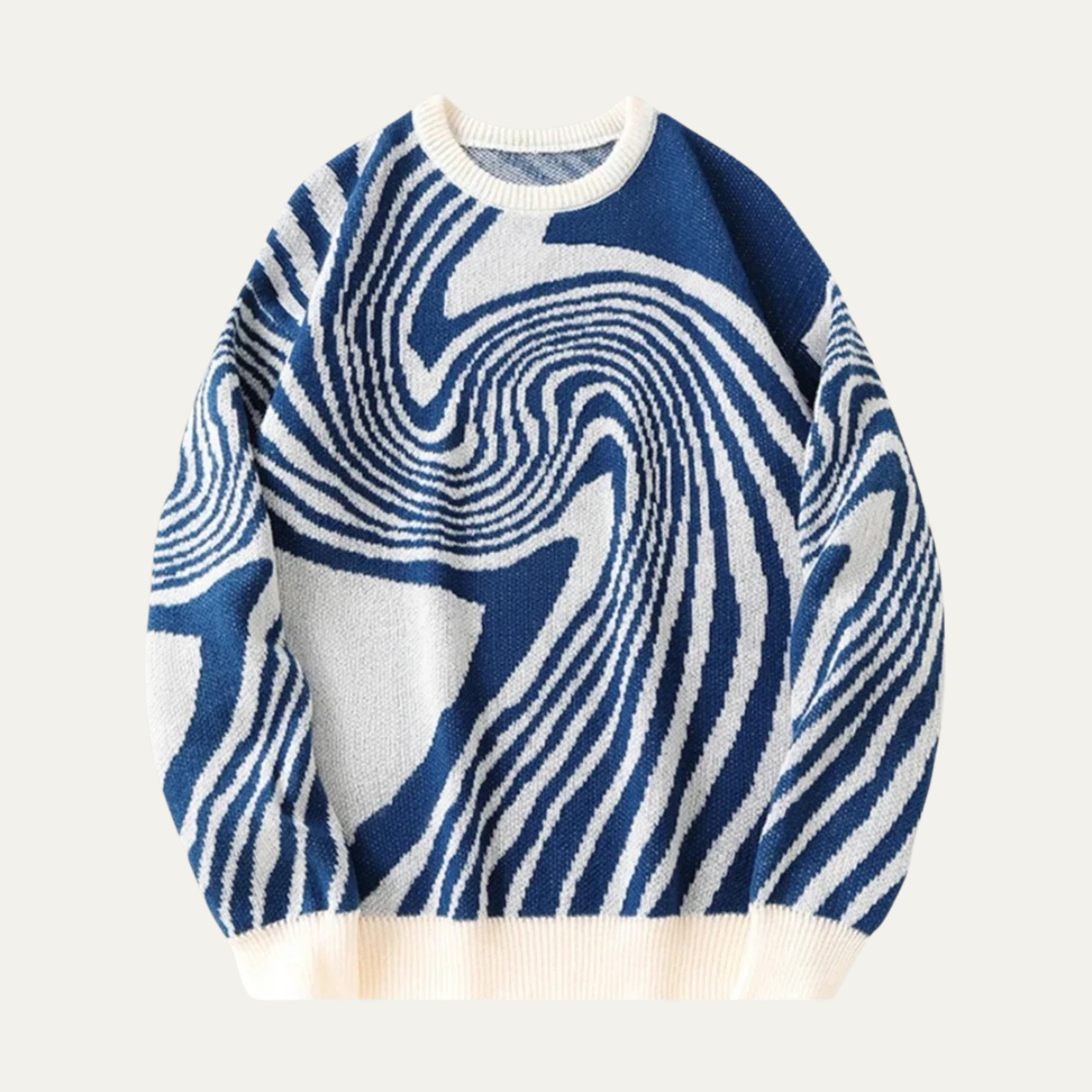 Men's crewneck sweater in blue and cream jacquard knit with swirl stripe pattern