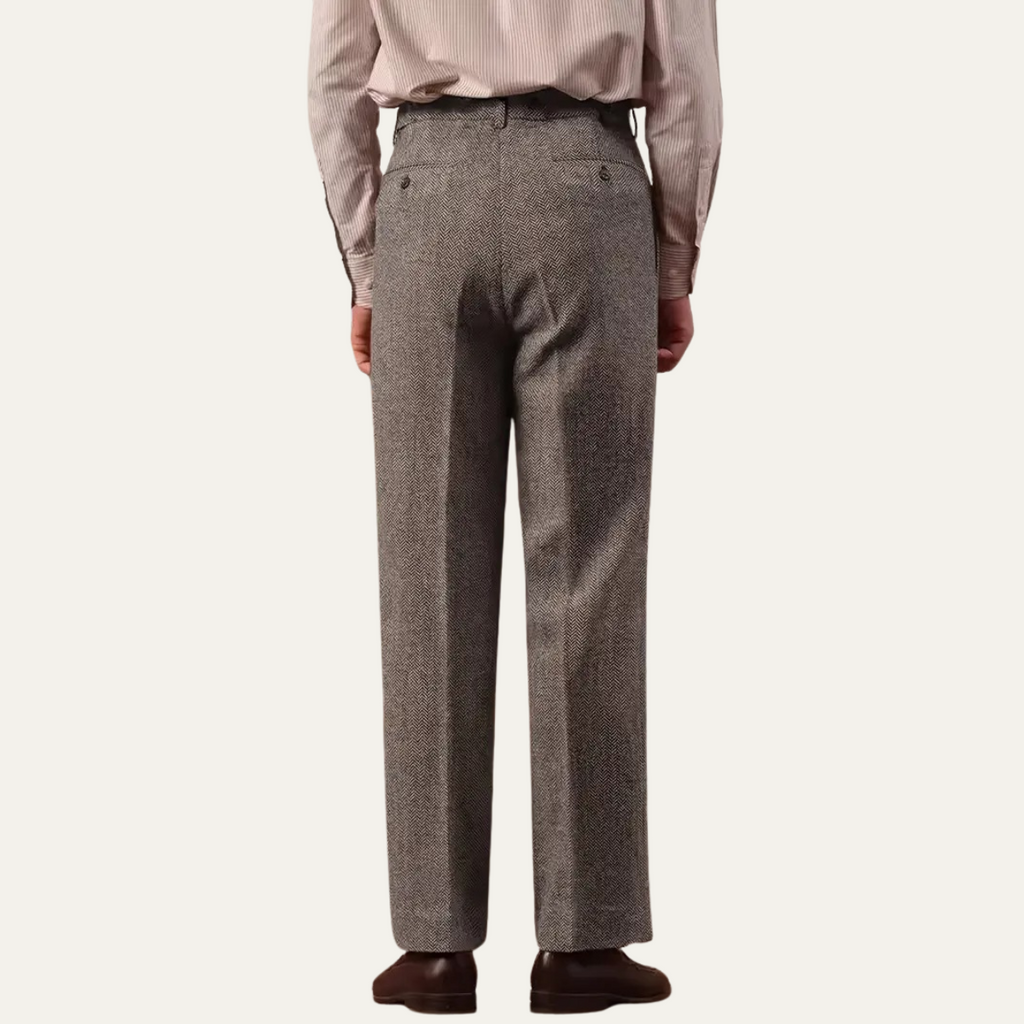 Men's high-waist pleated tailored pants, heather gray back view