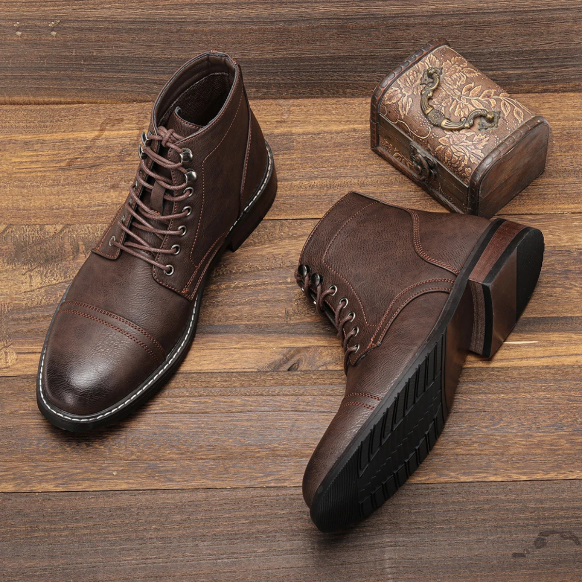 Men’s dark brown lace-up ankle boots with faux leather and stitched toe, chunky sole