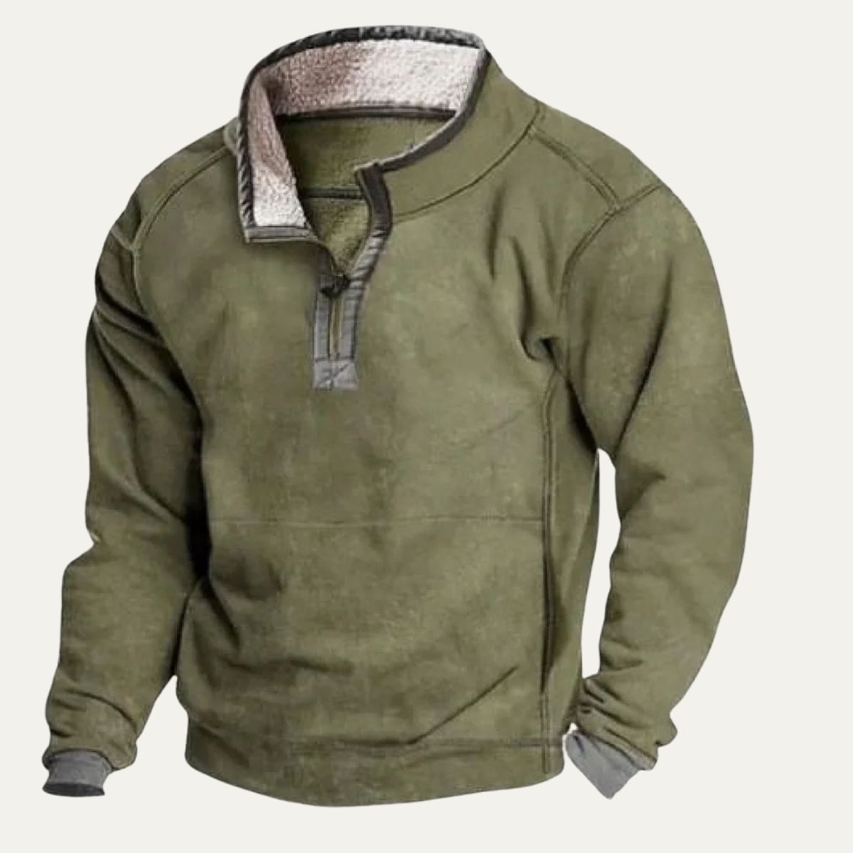 Men's stand-collar outdoor sweater, olive green half-button pullover with sherpa-lined placket and pocket