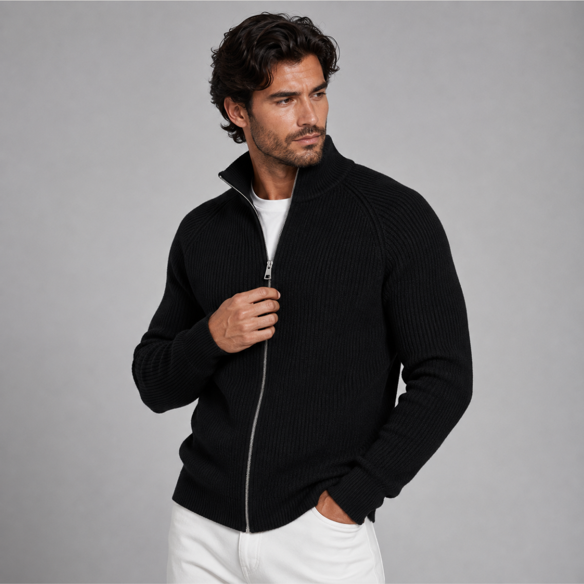 Men’s zip-up merino wool cardigan in dark black with full-length zipper