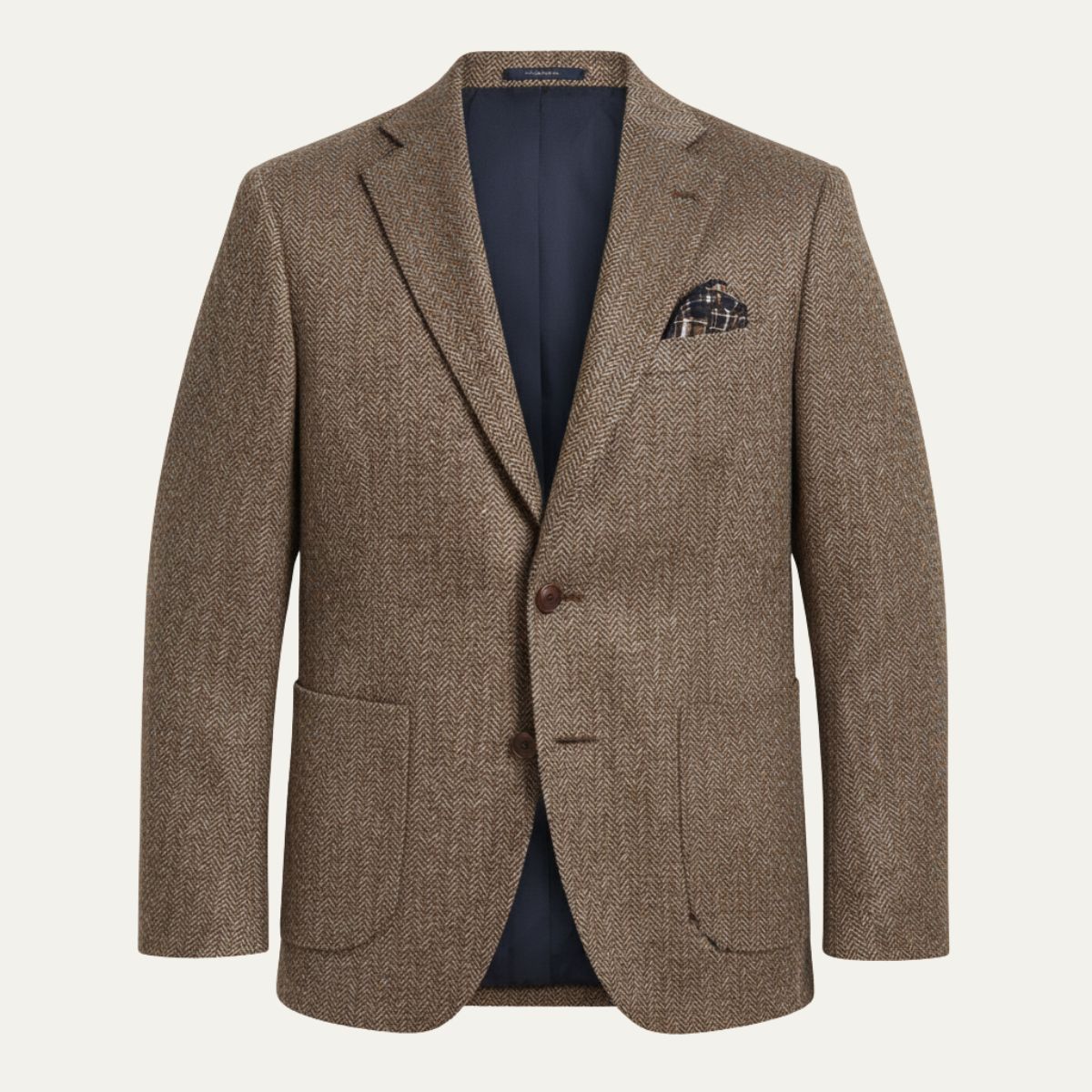 Brown men’s single-breasted herringbone wool blazer, notch lapels, flap pockets
