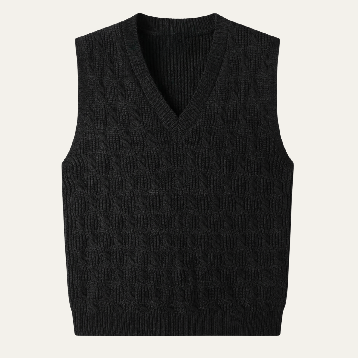 Men's black textured knit V-neck sweater vest, ribbed hem and neckline
