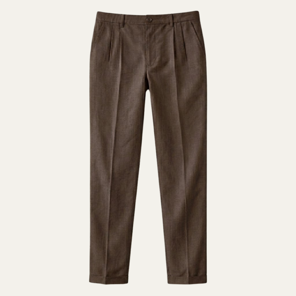 Men's brown slim-fit lightweight linen dress pants, pleated front, button waistband