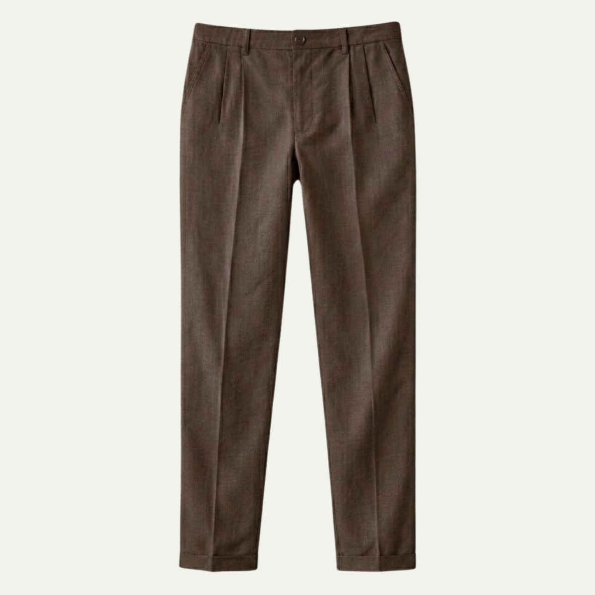Men's brown slim-fit lightweight linen dress pants, pleated front, button waistband