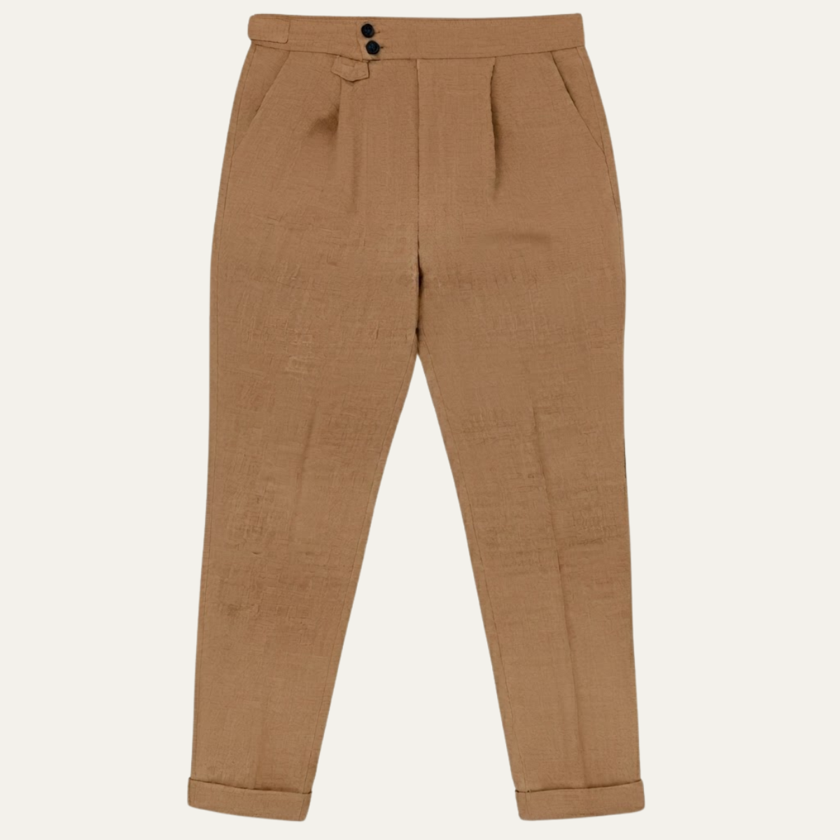 Men's high-waisted pleated dress pants, brown, button closure