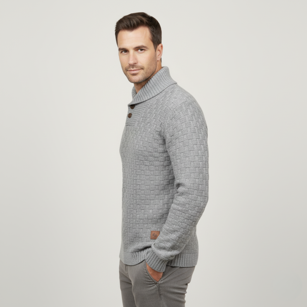 Men's chunky knit sweater, gray with button placket and mock neck