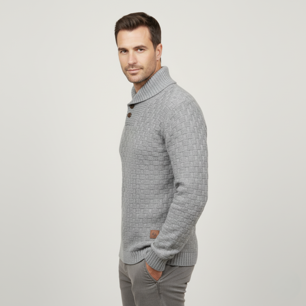 Men's chunky knit sweater, gray with button placket and mock neck