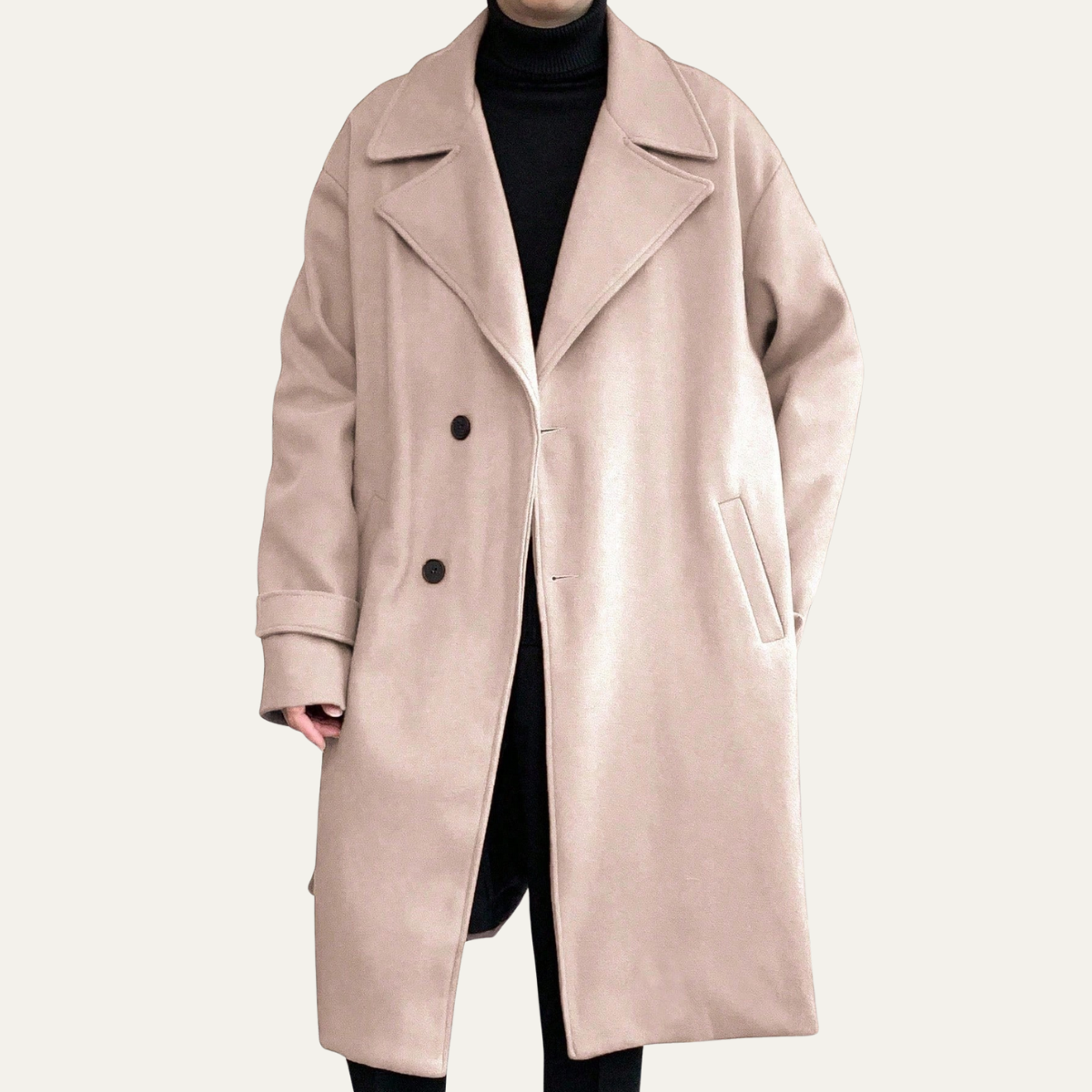 Beige wool overcoat with notch lapels, button front, and flap side pocket