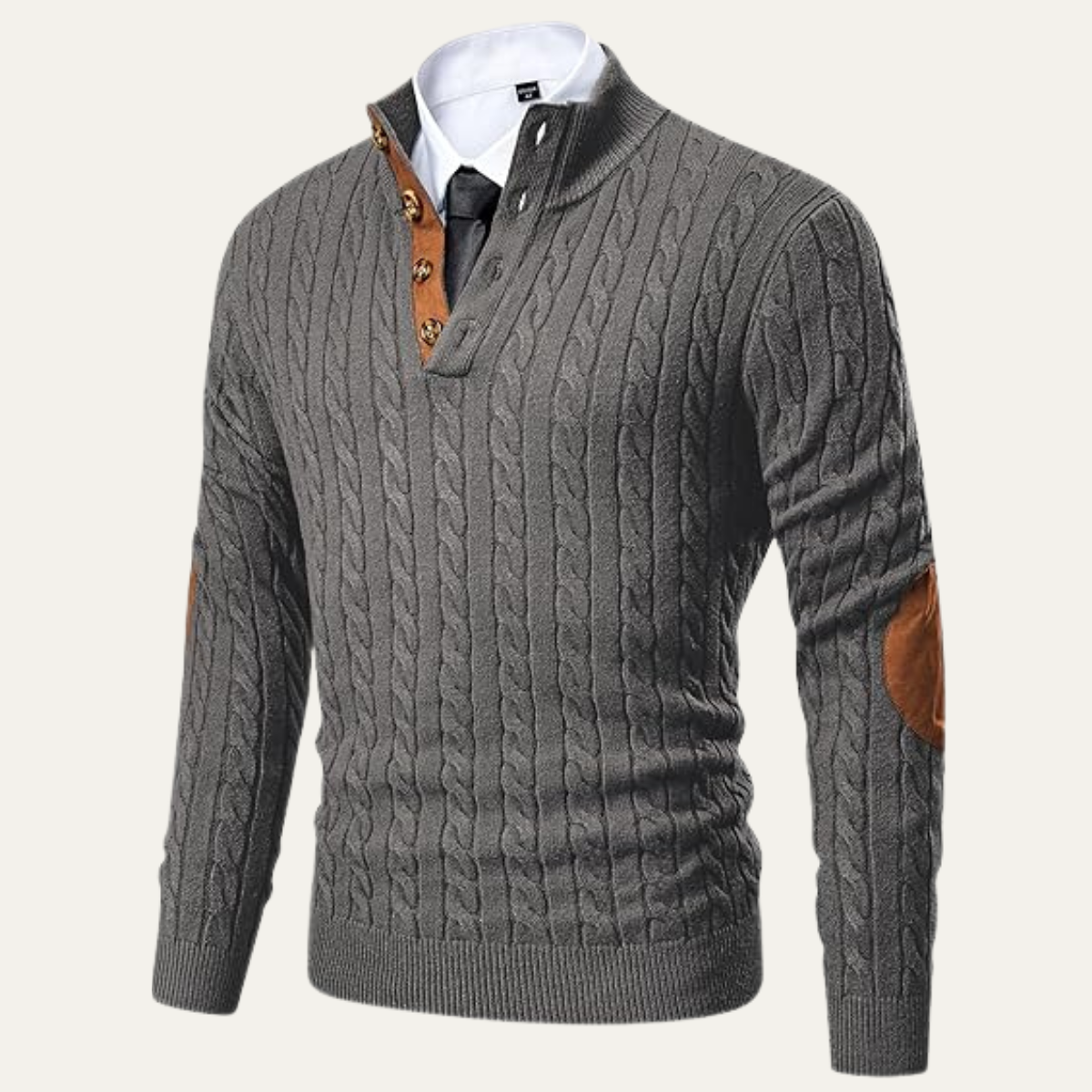 Men's dark gray cable-knit collar stand sweater with button placket and ribbed cuffs