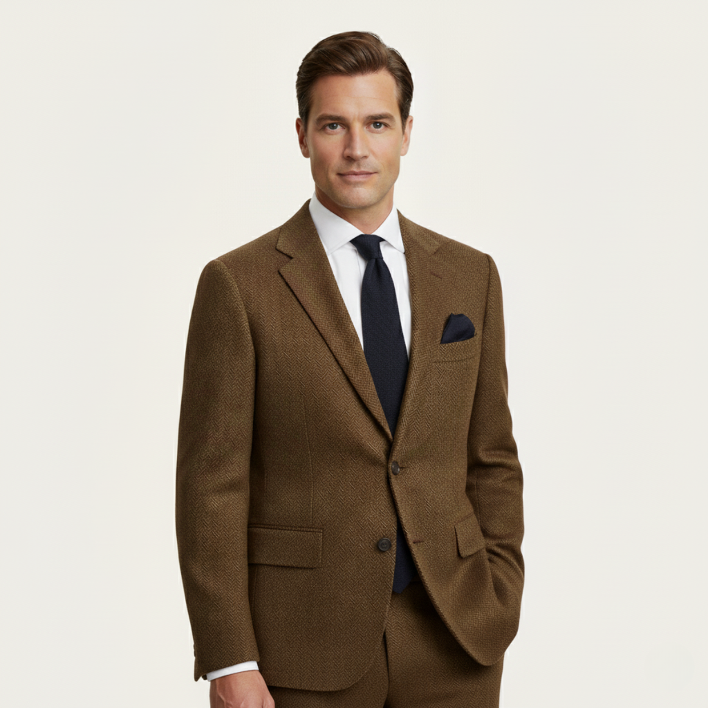 Men's brown tweed blazer, single-breasted with pocket square and two flap pockets