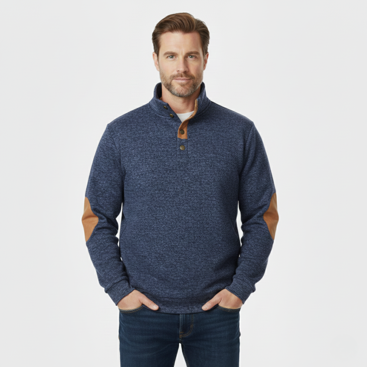 Men’s heather blue knit sweater with tan elbow patches and short quarter-zip placket