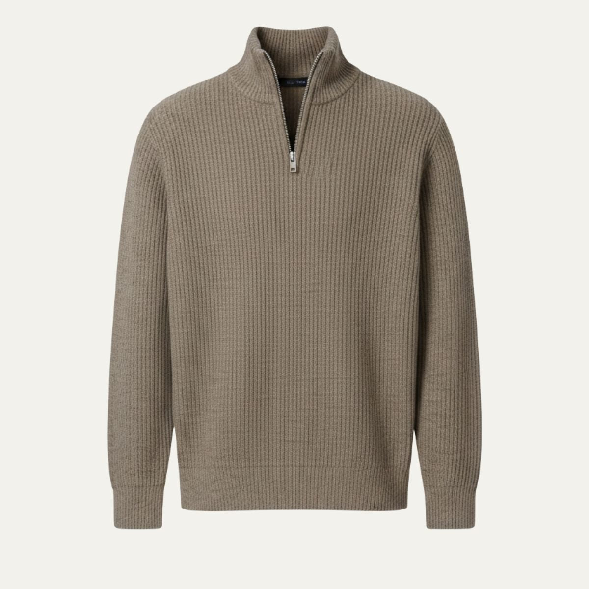 Men's quarter-zip ribbed knit sweater, beige