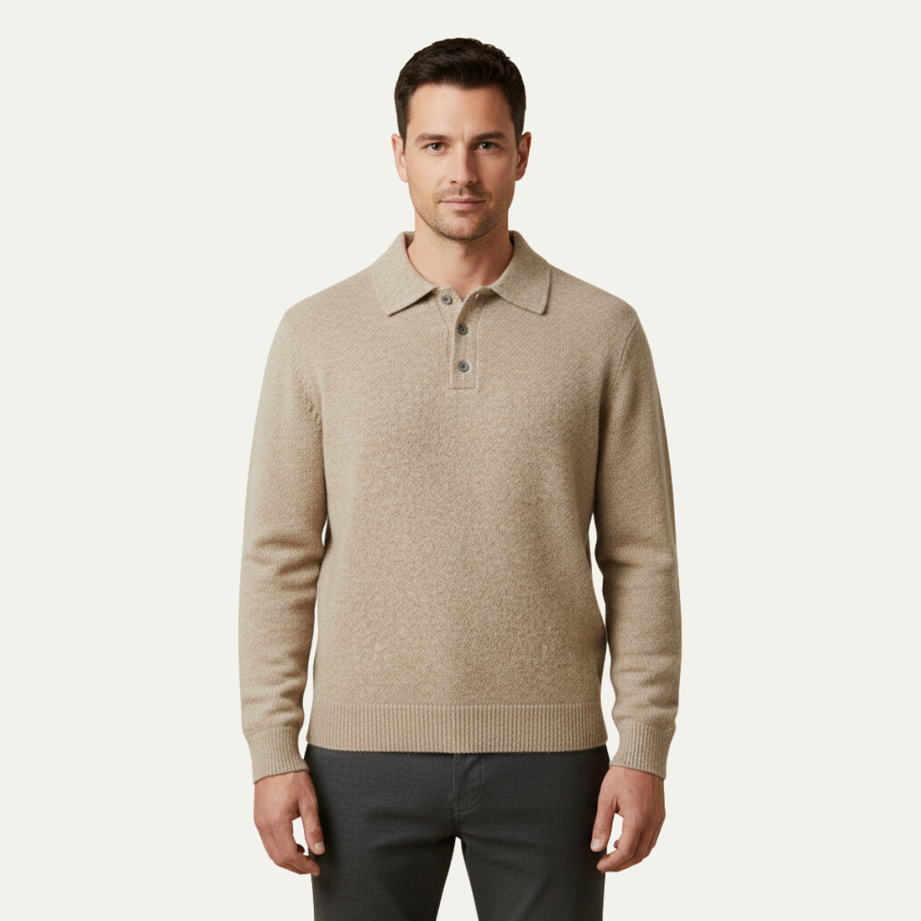 Men's soft knit polo sweater in khaki-beige with polo collar, buttons, and ribbed hem