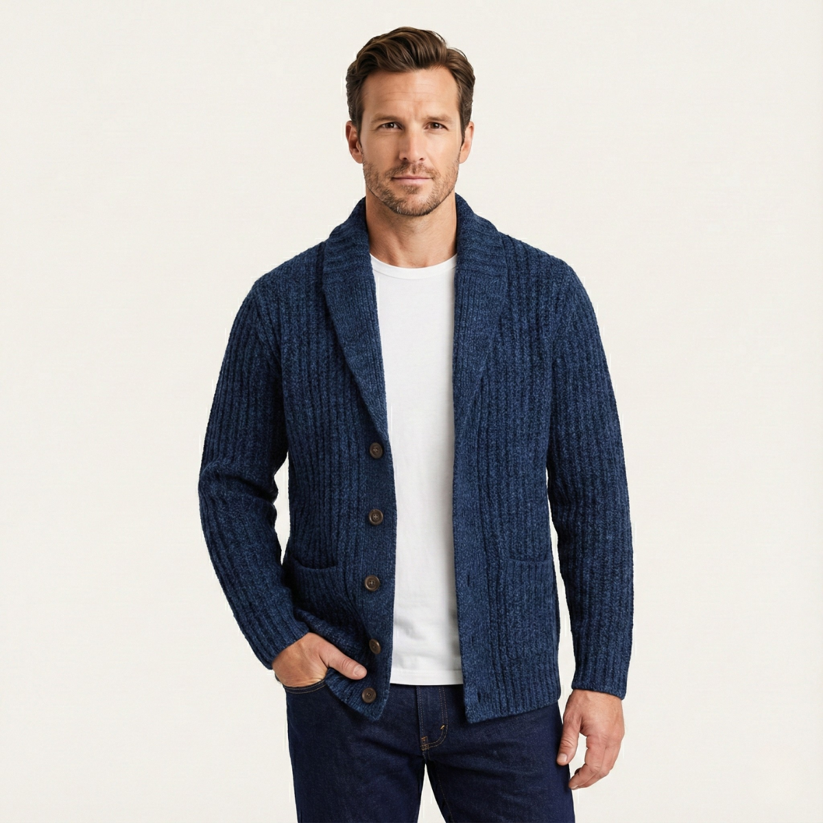 Navy blue chunky knit cardigan with shawl collar, button placket, and ribbed cuffs