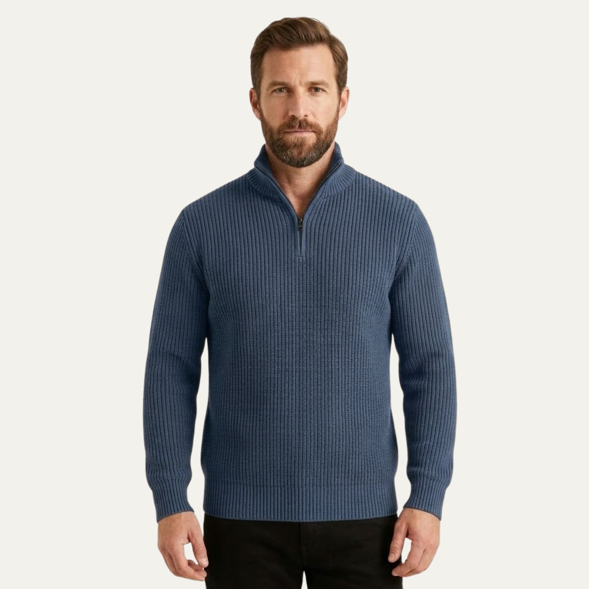 Men’s navy blue merino wool half-zip sweater on model, rib-knit finish and long sleeves