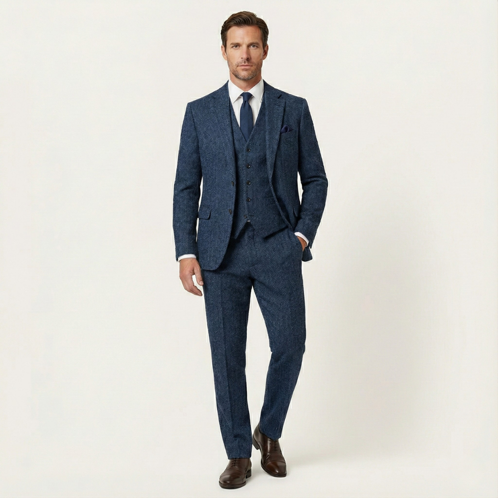 Men's navy blue tweed herringbone 3-piece suit, slim fit, with vest