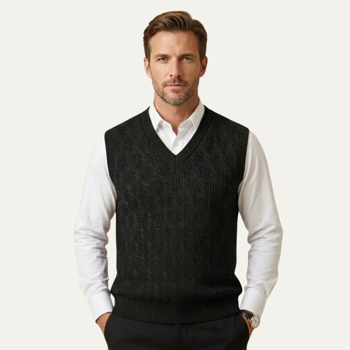 Men's black textured knit V-neck sweater vest over a white button-down shirt