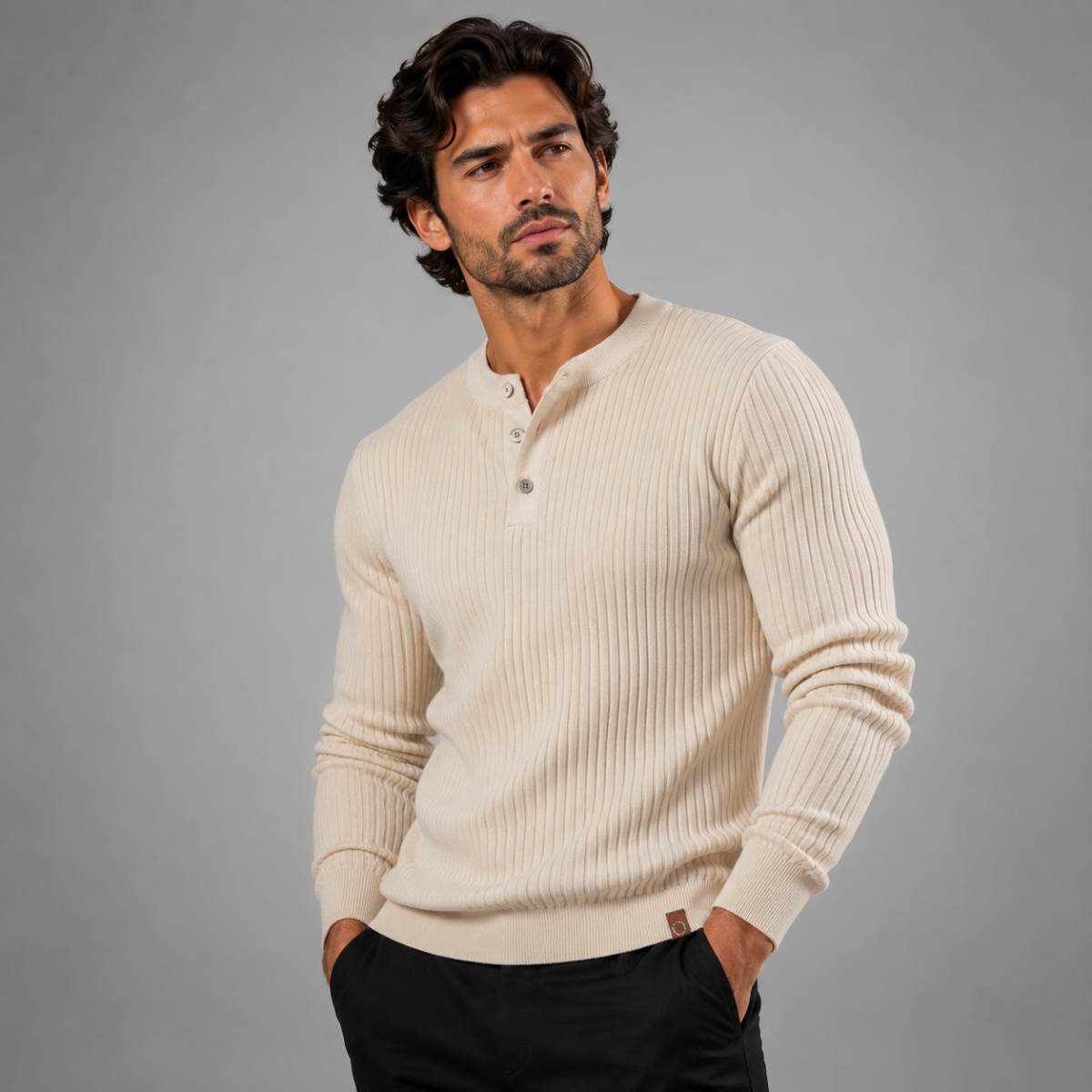 Beige ribbed henley knit sweater for men with short button collar and cuffs