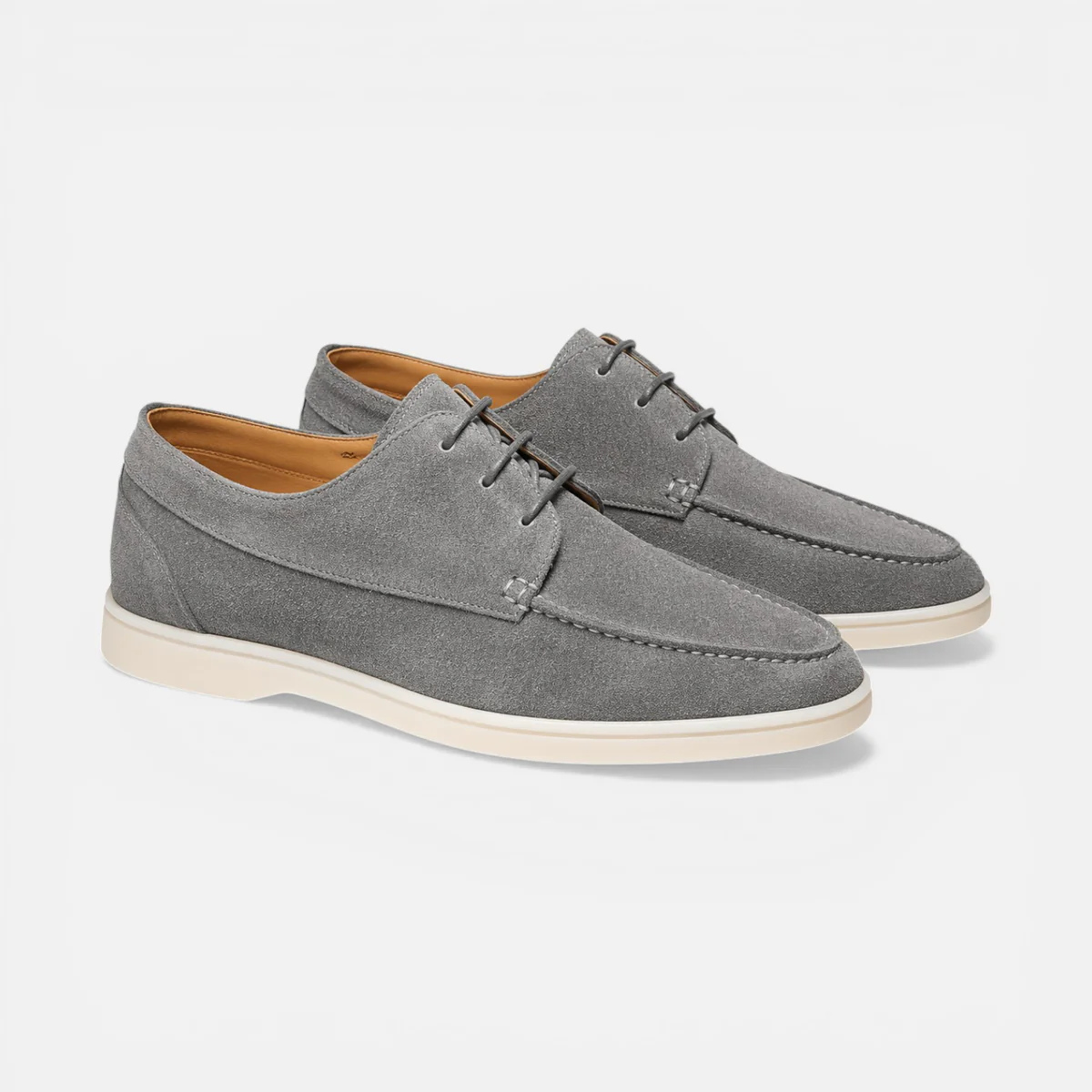 Men’s suede lace-up dress shoes in gray, side-by-side view with lace-up eyelets