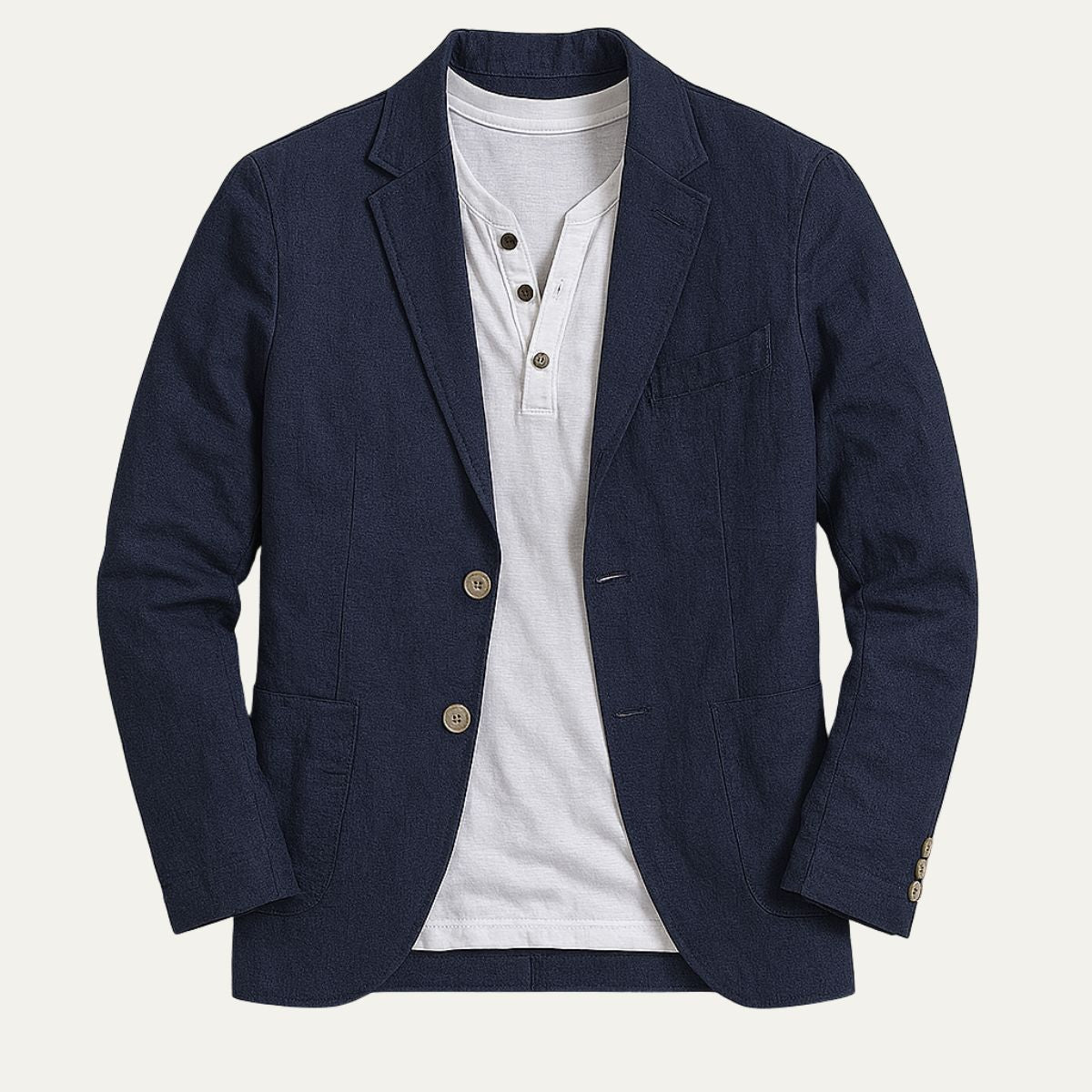 Men’s navy cotton summer blazer with notched lapels and single-breasted two-button front