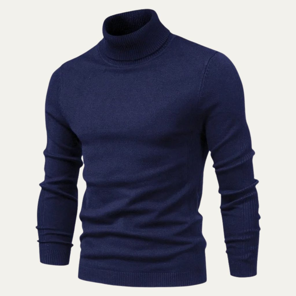Men's slim fit navy turtleneck sweater with long sleeves and ribbed hem