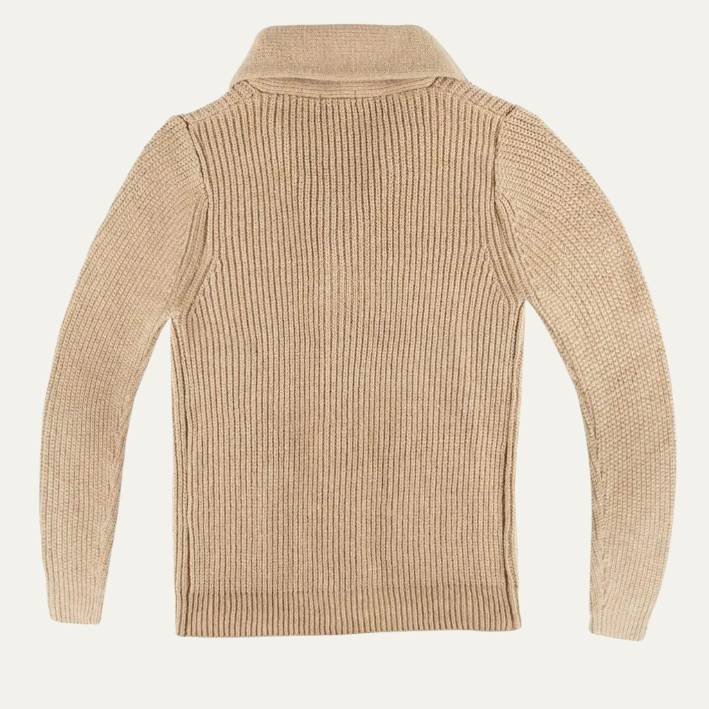 Beige chunky knit shawl-collar cardigan, ribbed hem and cuffs, back view