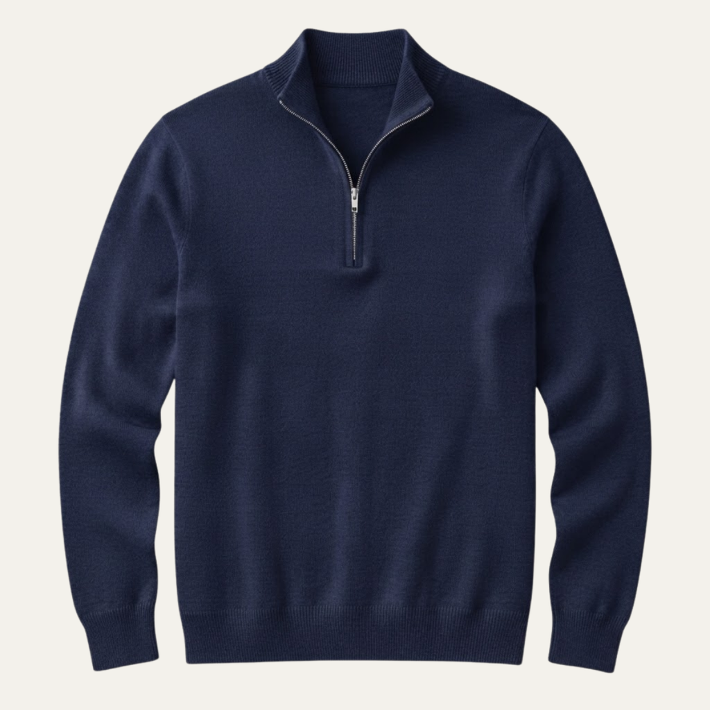 Men's quarter-zip mock neck sweater, navy blue knit with long sleeves
