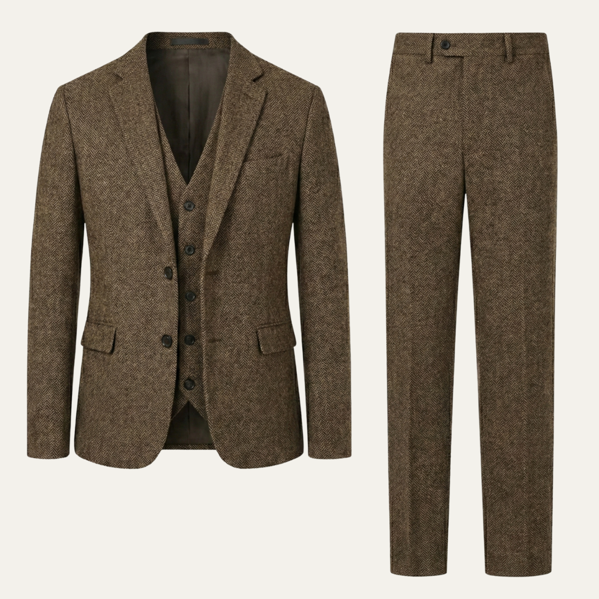 Men's tweed herringbone suit jacket and trousers, khaki brown, slim fit