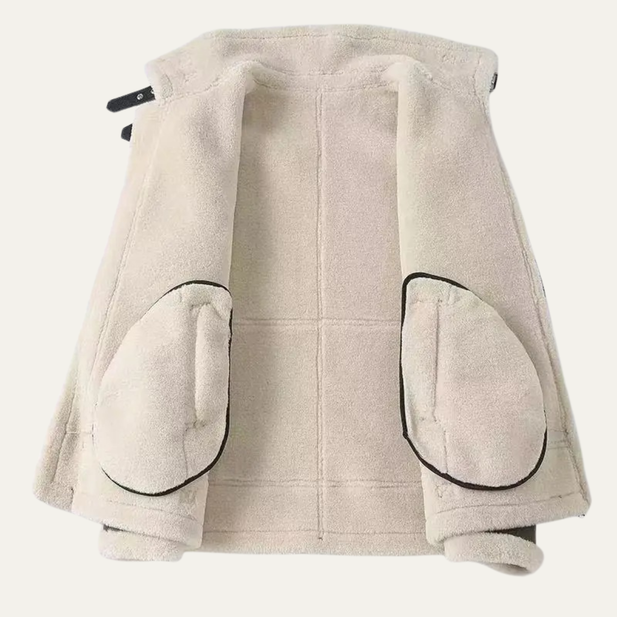 Cream sherpa jacket with two patch pockets and black-trim details