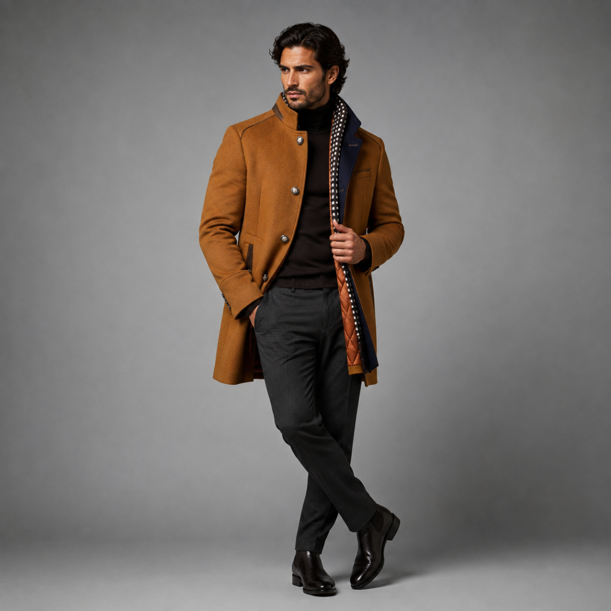 Men's wool coat, tan, button-front with plaid inner collar and quilted lining