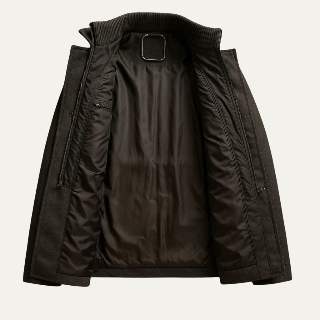 Men's black insulated winter coat interior, quilted lining view through open front