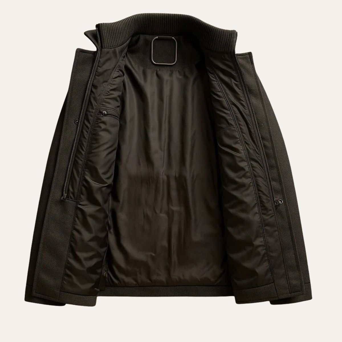 Men's black insulated winter coat interior, quilted lining view through open front
