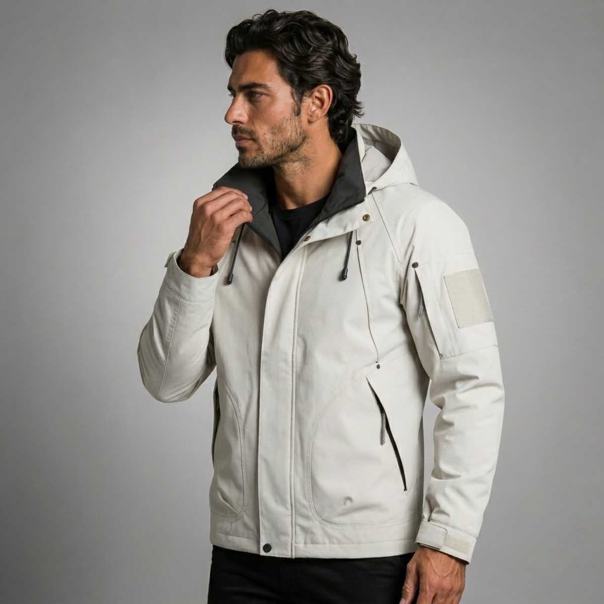 Light waterproof rain jacket with hood and zip front, drawstring cords, sleeve pocket