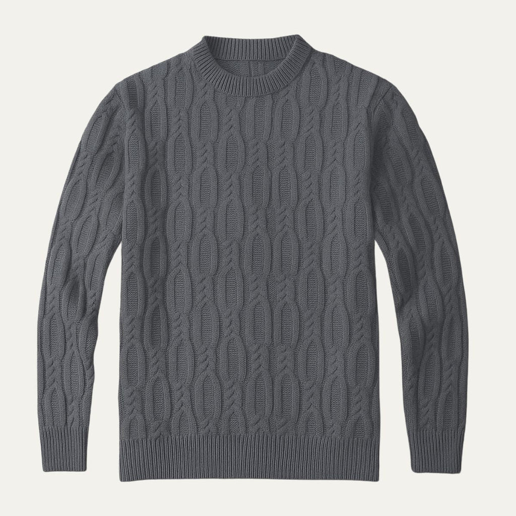 Men's premium cable knit sweater, gray, crew neck, long sleeves with ribbed hem and cuffs