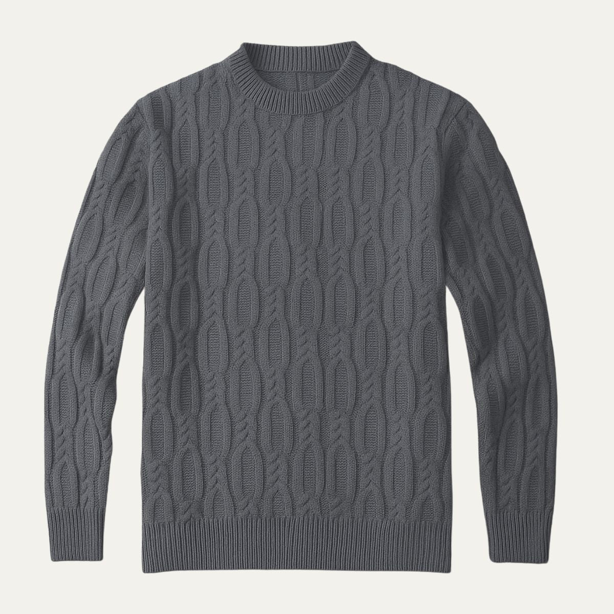 Men's premium cable knit sweater, gray, crew neck, long sleeves with ribbed hem and cuffs